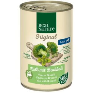 REAL NATURE Original Superfood Nassfutter für Hunde Adult Kalb mit Brokkoli 6x400 g