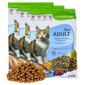 Lyra Pet Lecker.Pet Leo's Adult Geflügel & Forelle Katzenfutter Trockenfutter Vollnahrung 7,5 kg