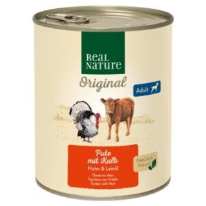 REAL NATURE Original Nassfutter für Hunde Adult Pute mit Kalb 12x800 g
