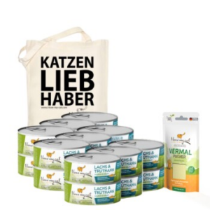 I love my cat Dealset für Katzen mit Giardien - 18 Dosen Nassfutter mit Pute und Lachs 100g + Vermal Pulver 35g + 1 Jutesack von I love my cat