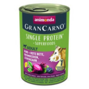 animonda GranCarno Single Protein Superfoods Nassfutter Hund Adult, Rind & Rote Bete, Brombeeren, Löwenzahn 12x400 g