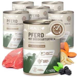 REAVET Hundenassfutter - Pferd mit Süßkartoffeln an Pastinaken & Brombeeren | 6 x 400g