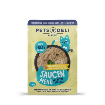 Pets Deli Nassfutter Katze Adult Saucen Menü Hühnerfilet mit Zucchini 12x70 g