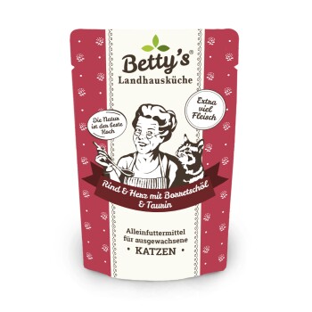 Betty's Landhausküche Frischebeutel Rind & Herz 12 x 100g für Katze