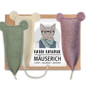 Kater Kasimir 3 x MÄUSERICH - Die XL Spielmaus für Katzen, handgenäht aus reiner Schurwolle mit Katzenminze-, Baldrian- und Matatabi-Füllung