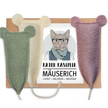 Kater Kasimir 3 x MÄUSERICH - Die XL Spielmaus für Katzen, handgenäht aus reiner Schurwolle mit Katzenminze-, Baldrian- und Matatabi-Füllung