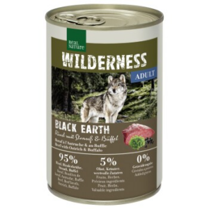 REAL NATURE WILDERNESS Nassfutter für Hunde Adult Black Earth, Rind mit Strauß und Büffel 6x400 g