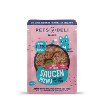 Pets Deli Nassfutter Katze Adult Saucen Menü Rind mit Kürbis 12x70 g