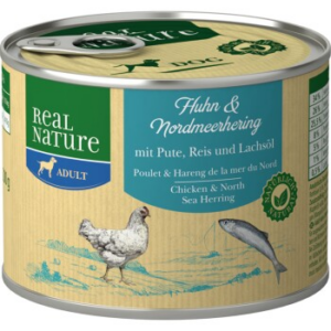 REAL NATURE Original Nassfutter für Hunde Adult Huhn und Nordmeerhering 12x200 g
