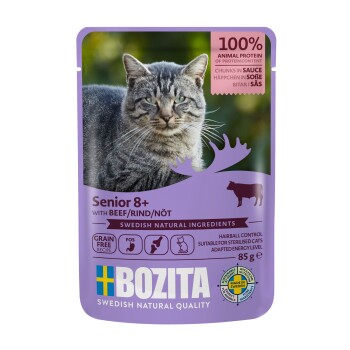 BOZITA Nassfutter Katze Senior 8+ Häppchen in Soße 12x85 g Rind